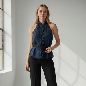 Elie Tahari Navy and Black Ruffled Sleeveless Silk Blouse